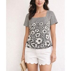 Anthropologie Maeve Women XS Black White Chevron Floral Square Neck Y2K Knit Top